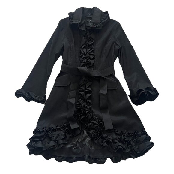 EUC Samuel Dong Black Tafetta Ruffled Artsy Full-Zip Longline Coat Jacket sz M - Picture 2 of 5